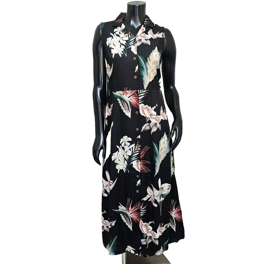 Hilo Hattie Womens Black Tropical Floral Button Front Rayon Maxi Dress Small